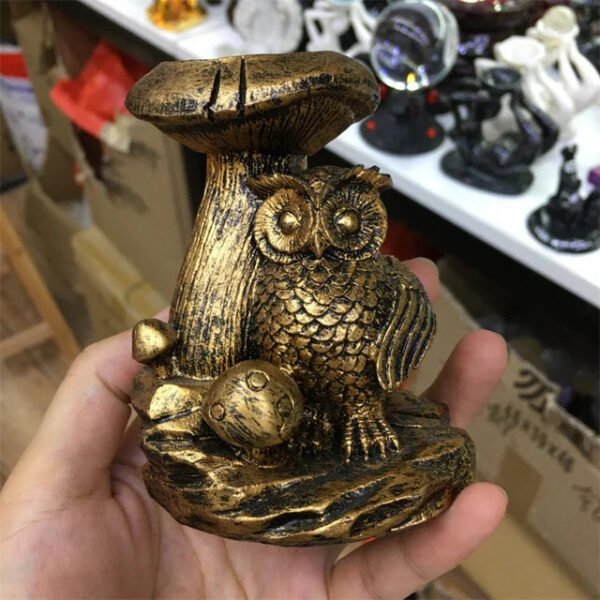 Resin Mushroom Tree Owl Figurine Statue Crystal Sphere Holder Ball Stand Display Base Sculpture