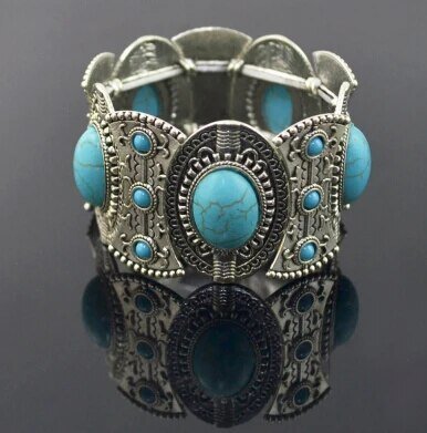 Gypsy Tribal Tibetan Bracelet for Women Boho Vintage Silver Men's Turquoise Elastic Bangles Afghan Turkish Ethnic Indian Jewelry