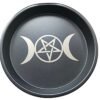Pentagram and Triple Moon Altar Ritual Burning Candle Holder Plate Bowl - Diameter 7inch Height 0.8inch Carbon Steel Offering Incense Burning Flat Bowl for Smudging Decoration