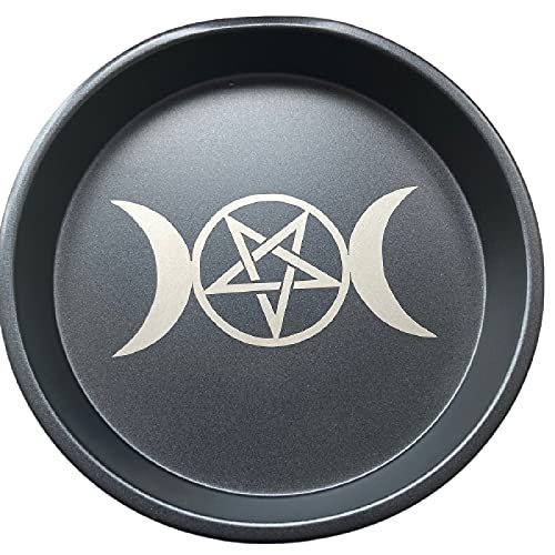 Pentagram and Triple Moon Altar Ritual Burning Candle Holder Plate Bowl - Diameter 7inch Height 0.8inch Carbon Steel Offering Incense Burning Flat Bowl for Smudging Decoration