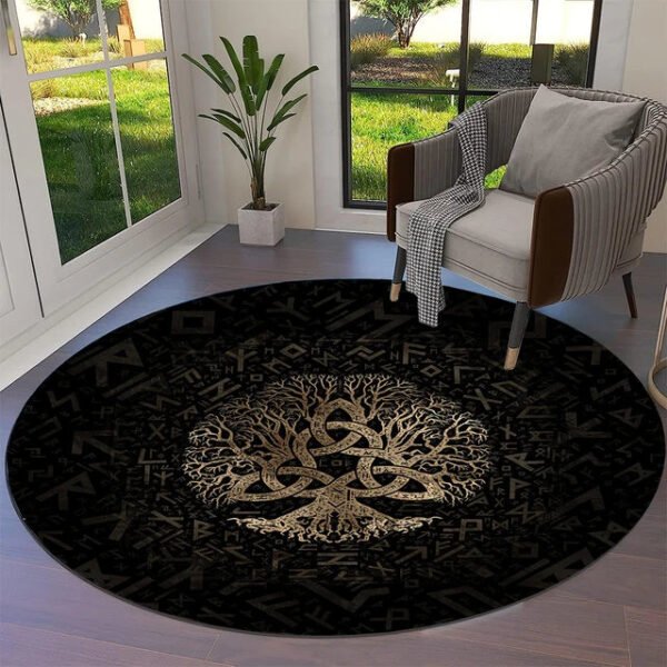 Transform Your Space with the Power of Norse Mythology: Tree of Life Valknut Round Rug