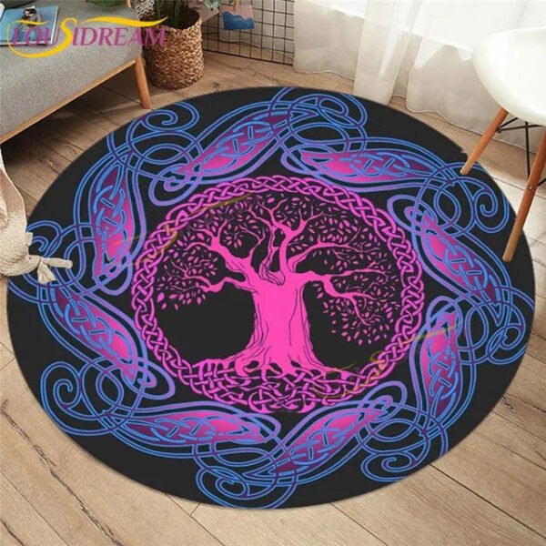 Embrace Norse Elegance: Tree of Life Rune Pattern Round Rug - Enhance Your Living Space with Vibrant Rainbow Print - Perfect for Viking Home Decor & Cozy Floors
