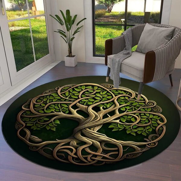 Transform Your Space with the Power of Norse Mythology: Tree of Life Valknut Round Rug