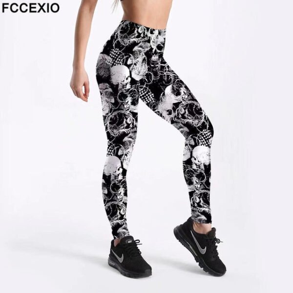 Fccexio 2021 New Pattern 3d Skull Head Print Women High Waist Legging Fashion Plus Size Fitness Elastic Skeleton Leggings - Leggings