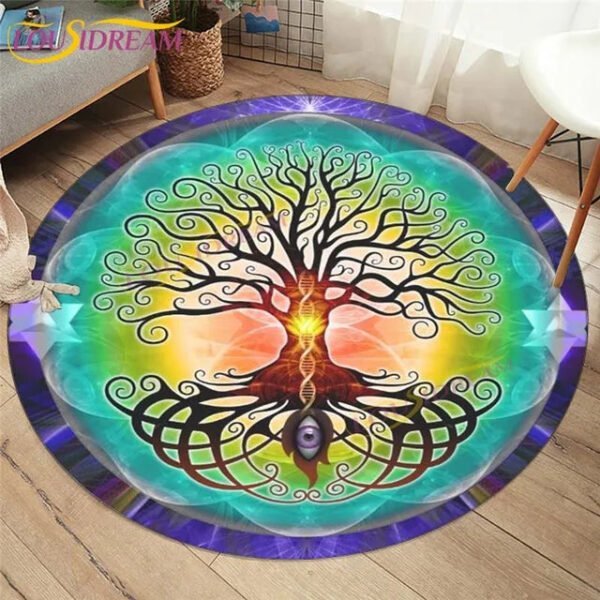 Embrace Norse Elegance: Tree of Life Rune Pattern Round Rug - Enhance Your Living Space with Vibrant Rainbow Print - Perfect for Viking Home Decor & Cozy Floors