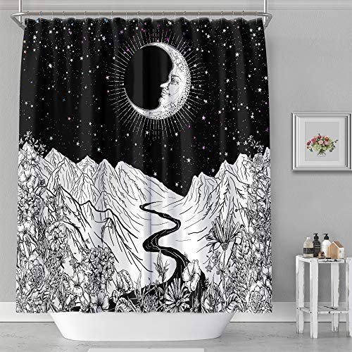 Shower Curtain - Print Polyester Fabric Waterproof Shower Curtain by iLiveX, Machine Washable, Hooks Included, Bathroom Decoration, 72"x72", Black White Sun Moon Stars Mysterious Wizard Tarot
