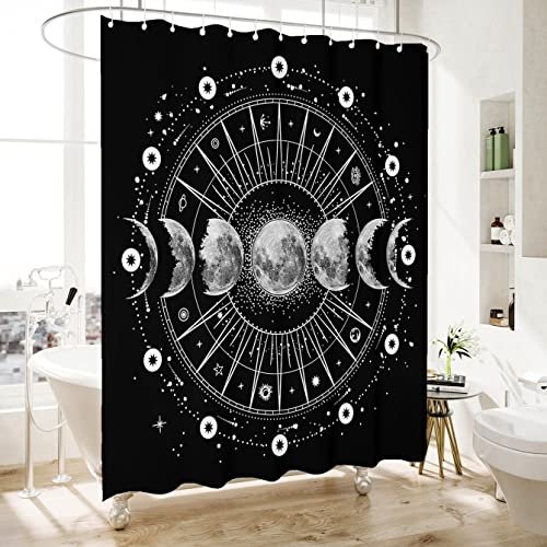 Shower Curtain - Print Polyester Fabric Waterproof Shower Curtain by iLiveX, Machine Washable, Hooks Included, Bathroom Decoration, 72"x72", Black White Sun Moon Stars Mysterious Wizard Tarot