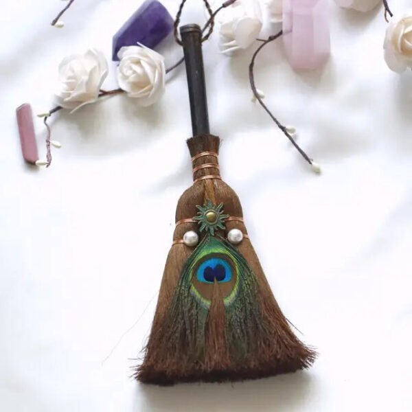 Crystal feather broom three-phase moon quartz pendant amethyst witch altar decoration festival decor magic gift