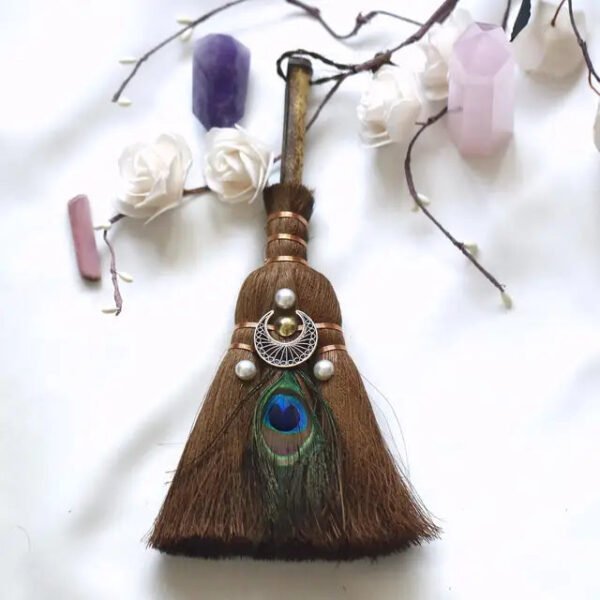 Crystal feather broom three-phase moon quartz pendant amethyst witch altar decoration festival decor magic gift