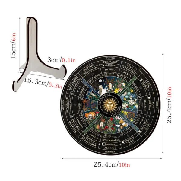 10inch Wooden Wheel of The Year Calendar Witch Wicca Calendar Tabletop Ornament with Bracket Room Home Decoration