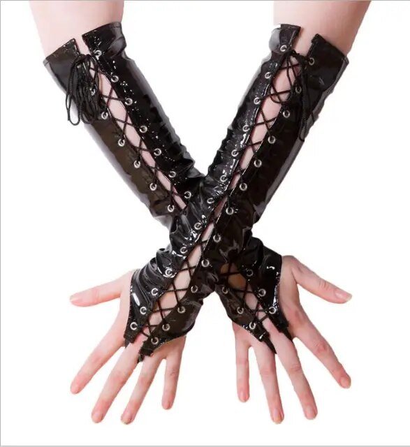 Ladies PVC Lace Up Long Fingerless Gloves Women Pole Dance Elbow Length Gloves Red Black Shiny Wetlook Vinyl Leather Gloves