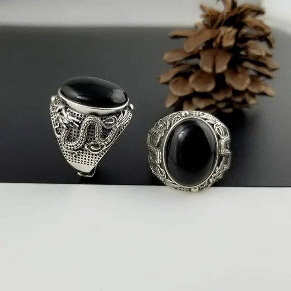 Natural Black Onyx Dragon Engraved Retro Vintage Men's Rings Adjustable