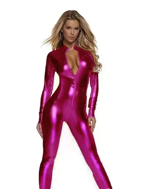 Front Zip Catsuits Womens long Sleeve Black Catsuit Spandex Bodysuits Shiny Metallic Unitard Dancewear Zentai Suit S-3XL