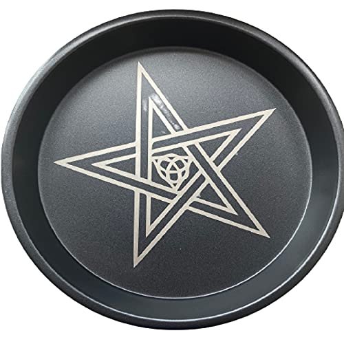 Pentagram and Triple Moon Altar Ritual Burning Candle Holder Plate Bowl - Diameter 7inch Height 0.8inch Carbon Steel Offering Incense Burning Flat Bowl for Smudging Decoration