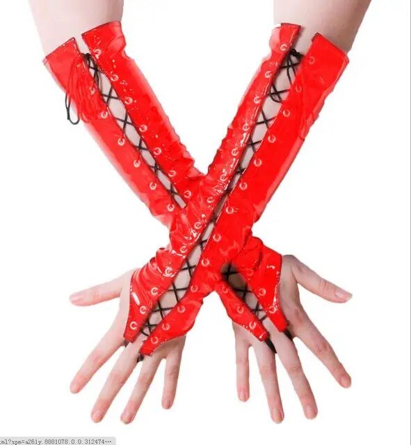 Ladies PVC Lace Up Long Fingerless Gloves Women Pole Dance Elbow Length Gloves Red Black Shiny Wetlook Vinyl Leather Gloves