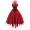 Women Gothic Punk Vintage Party Dresses Sleeveless Cross Back Lace Patchwork Halter Lace Up Court Corset Swing Dress