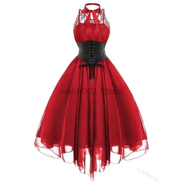 Women Gothic Punk Vintage Party Dresses Sleeveless Cross Back Lace Patchwork Halter Lace Up Court Corset Swing Dress