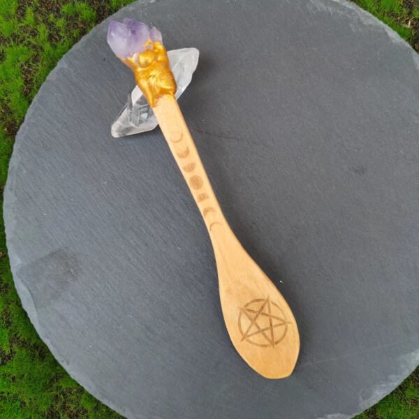 Witch Altar Tool Goddness Triple Moon Pentgram Crystal Wood Spoon Ritual Tool Altar Adornment Magic Wicca Gift