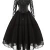 Women Gothic Punk Vintage Party Dresses Sleeveless Cross Back Lace Patchwork Halter Lace Up Court Corset Swing Dress