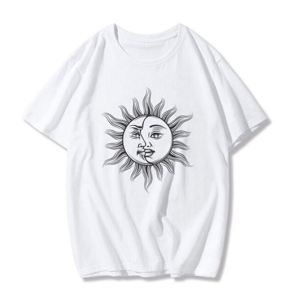 Sun and moon print Harajuku top Tee vintage fashion new large size loose casual short sleeved T shirt streetwear women clothing|T-Shirts|