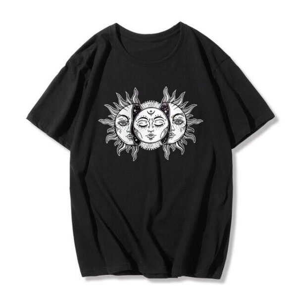 Sun and moon print Harajuku top Tee vintage fashion new large size loose casual short sleeved T shirt streetwear women clothing|T-Shirts|