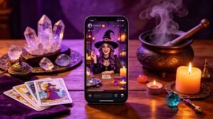 Colorful collage of funny witch memes displayed on a smartphone screen, surrounded by crystals, tarot cards, a steaming cauldron, and a burning candle on a wooden altar, warm purple and orange lighting, modern witchcraft social media aesthetic.