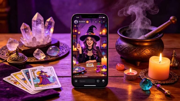Colorful collage of funny witch memes displayed on a smartphone screen, surrounded by crystals, tarot cards, a steaming cauldron, and a burning candle on a wooden altar, warm purple and orange lighting, modern witchcraft social media aesthetic.