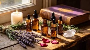 Magical essential oils flat-lay on a weathered wooden table with amber glass dropper bottles, dried lavender, rosemary, rose petals, clear quartz crystals, burning white candle, and a vintage book of shadows, warm golden and purple tones, bohemian witchcraft aesthetic.