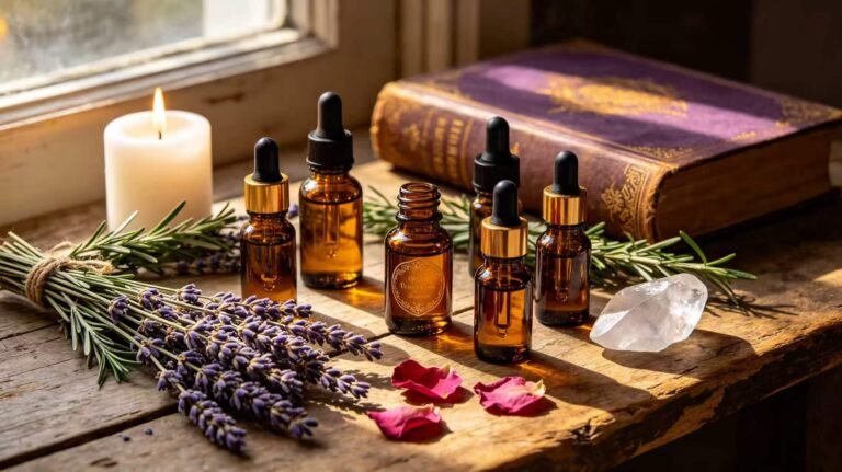 Magical essential oils flat-lay on a weathered wooden table with amber glass dropper bottles, dried lavender, rosemary, rose petals, clear quartz crystals, burning white candle, and a vintage book of shadows, warm golden and purple tones, bohemian witchcraft aesthetic.