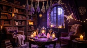 Magical witchy room interior with a mystical altar at the center, glowing candles in glass holders, amethyst and rose quartz crystals, dried herbs, vintage wooden bookshelf with old grimoires, cozy armchair, fairy lights, and moonlight streaming through the window, deep purple and black palette with warm golden accents.