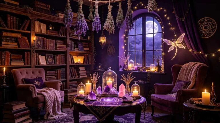 Magical witchy room interior with a mystical altar at the center, glowing candles in glass holders, amethyst and rose quartz crystals, dried herbs, vintage wooden bookshelf with old grimoires, cozy armchair, fairy lights, and moonlight streaming through the window, deep purple and black palette with warm golden accents.
