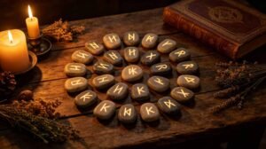 Mystical collection of 24 Elder Futhark rune stones arranged in a circle on an ancient wooden table, each stone carved with glowing runic symbols, surrounded by burning candles, dried herbs, and a vintage grimoire, dark mystical atmosphere, warm amber and gold lighting, Norse pagan aesthetic.