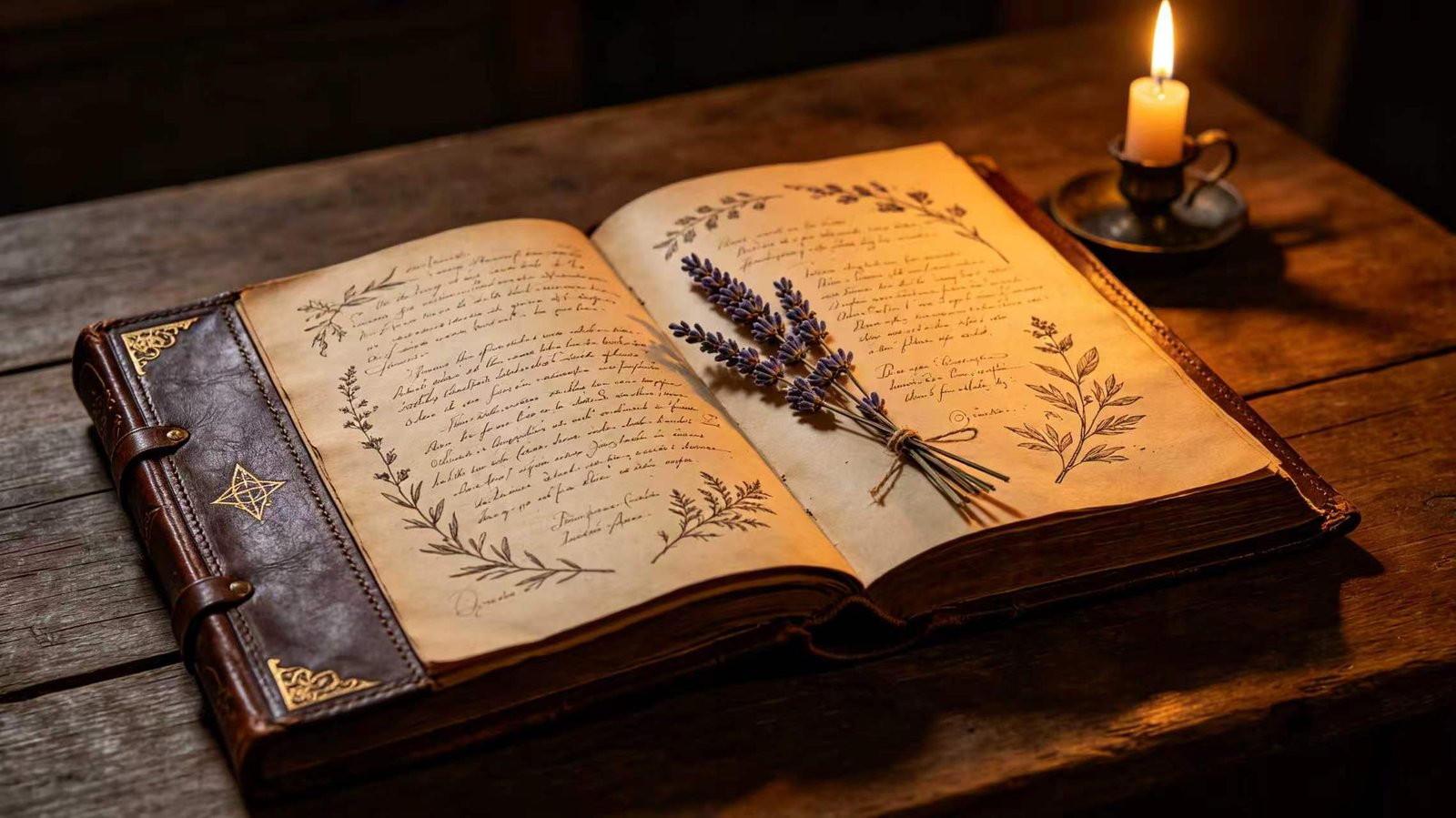 Witchcraft 101: Antique grimoire with spells and botanical drawings