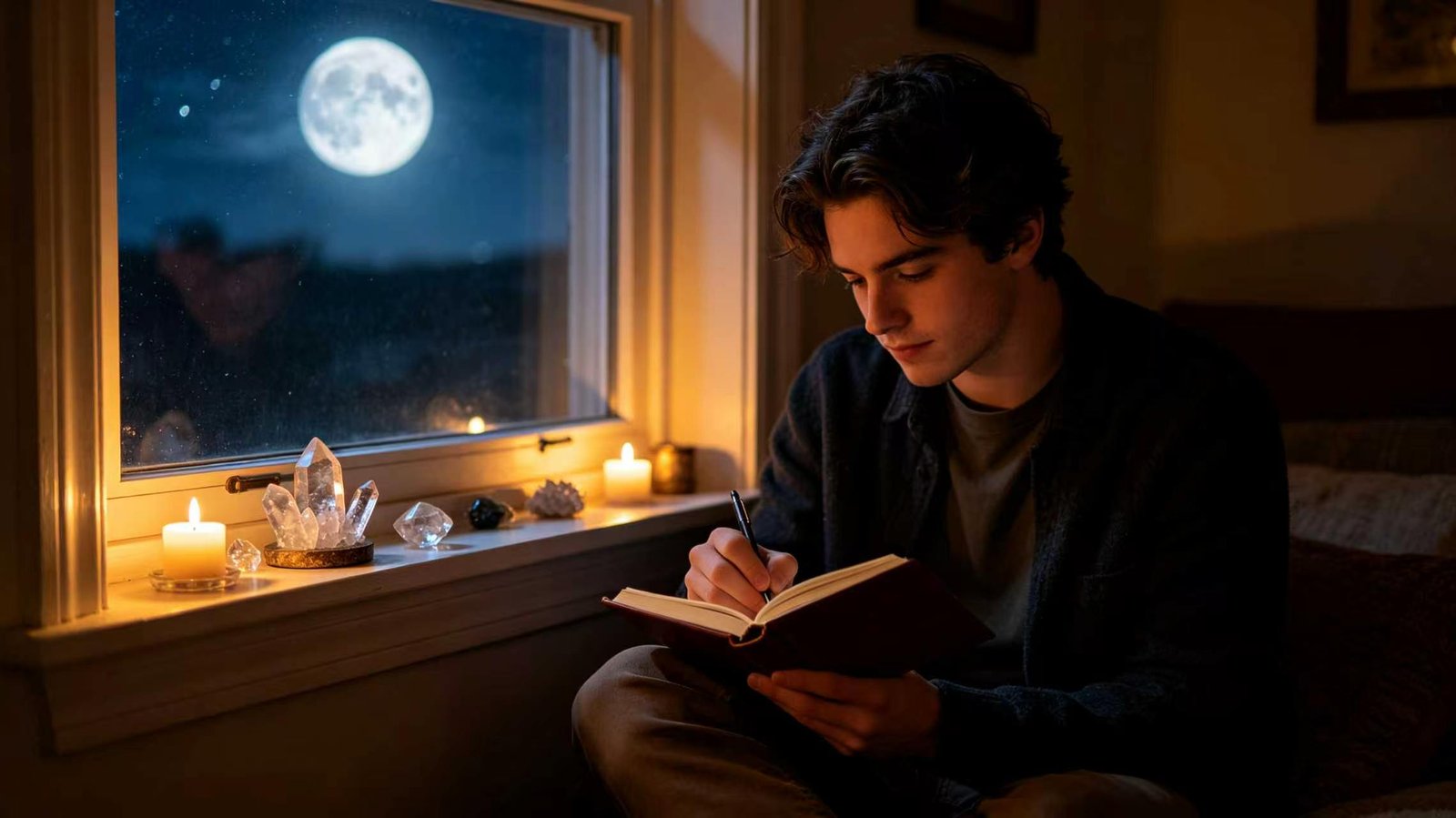 Witchcraft 101: Beginner witch writing in Book of Shadows by moonlight