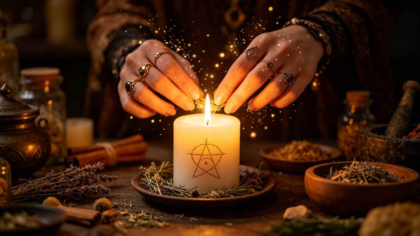 Witchcraft 101: Candle magic ritual with hands carving intention into wax
