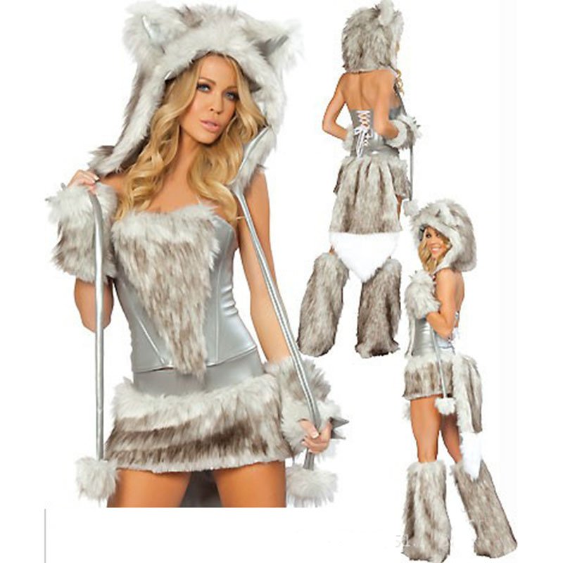 Sexy grey furry wolf girl women costume faux fur hood skirt leg warmers halloween cosplay set