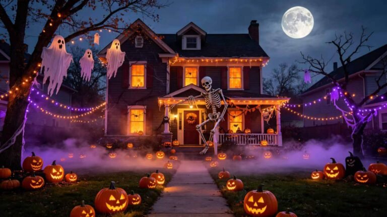 Spectacular Halloween front yard display at dusk with a two-story haunted house, glowing windows, jack-o'-lantern path, eerie ground fog, giant posable skeletons climbing the porch, hanging ghosts, purple and orange string lights, and a full moon in the night sky.