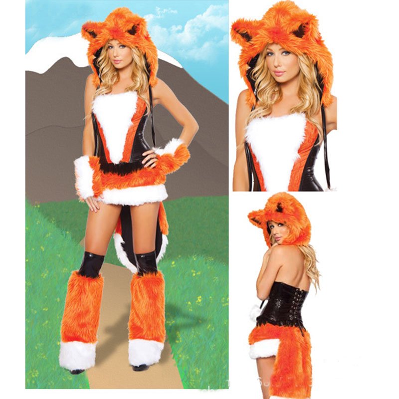 Sexy orange furry fox women halloween costume complete fancy dress set hood tail fur cuffs