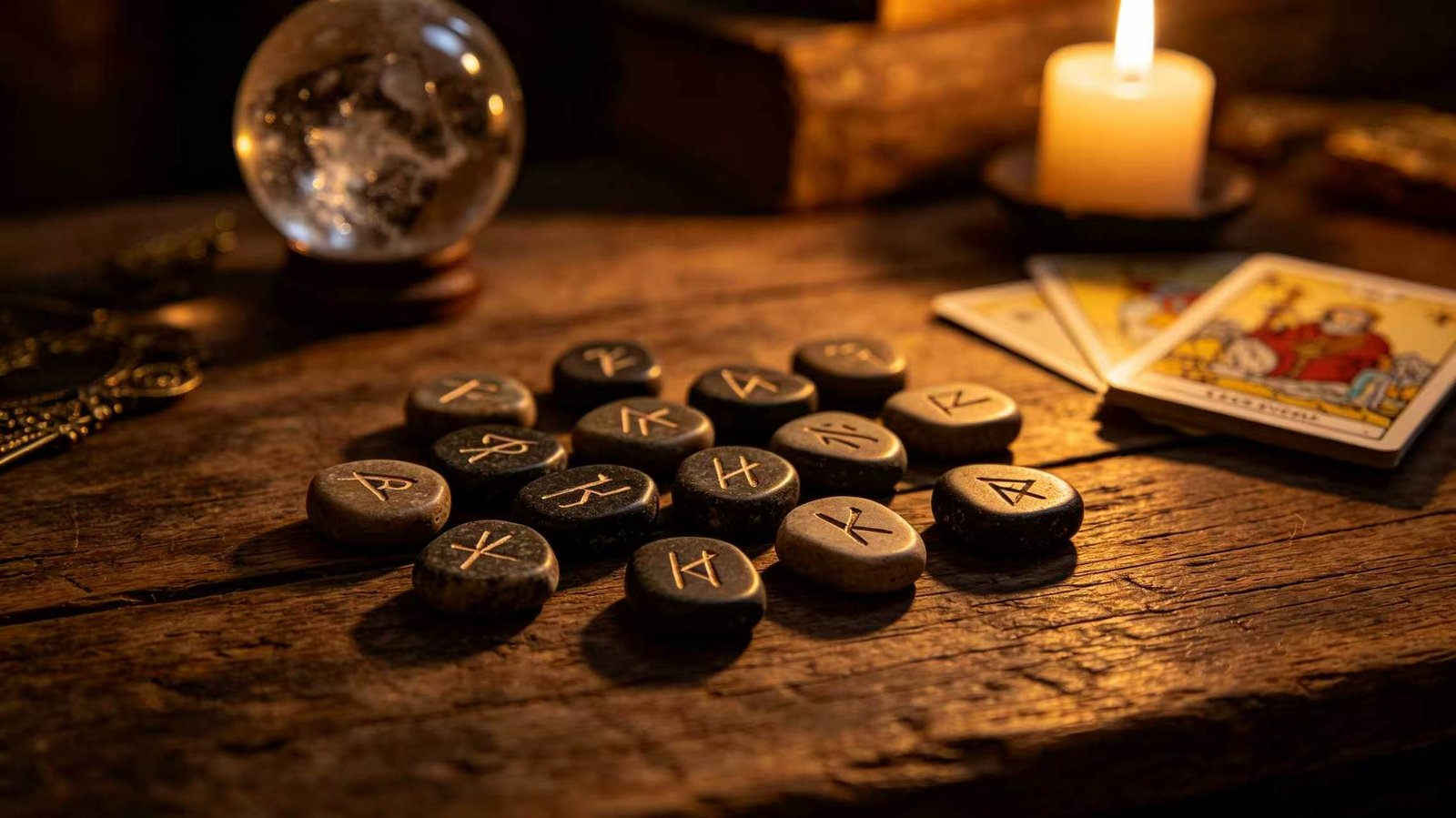 Witchcraft 101: Elder Futhark runes, tarot cards, and crystal ball for divination