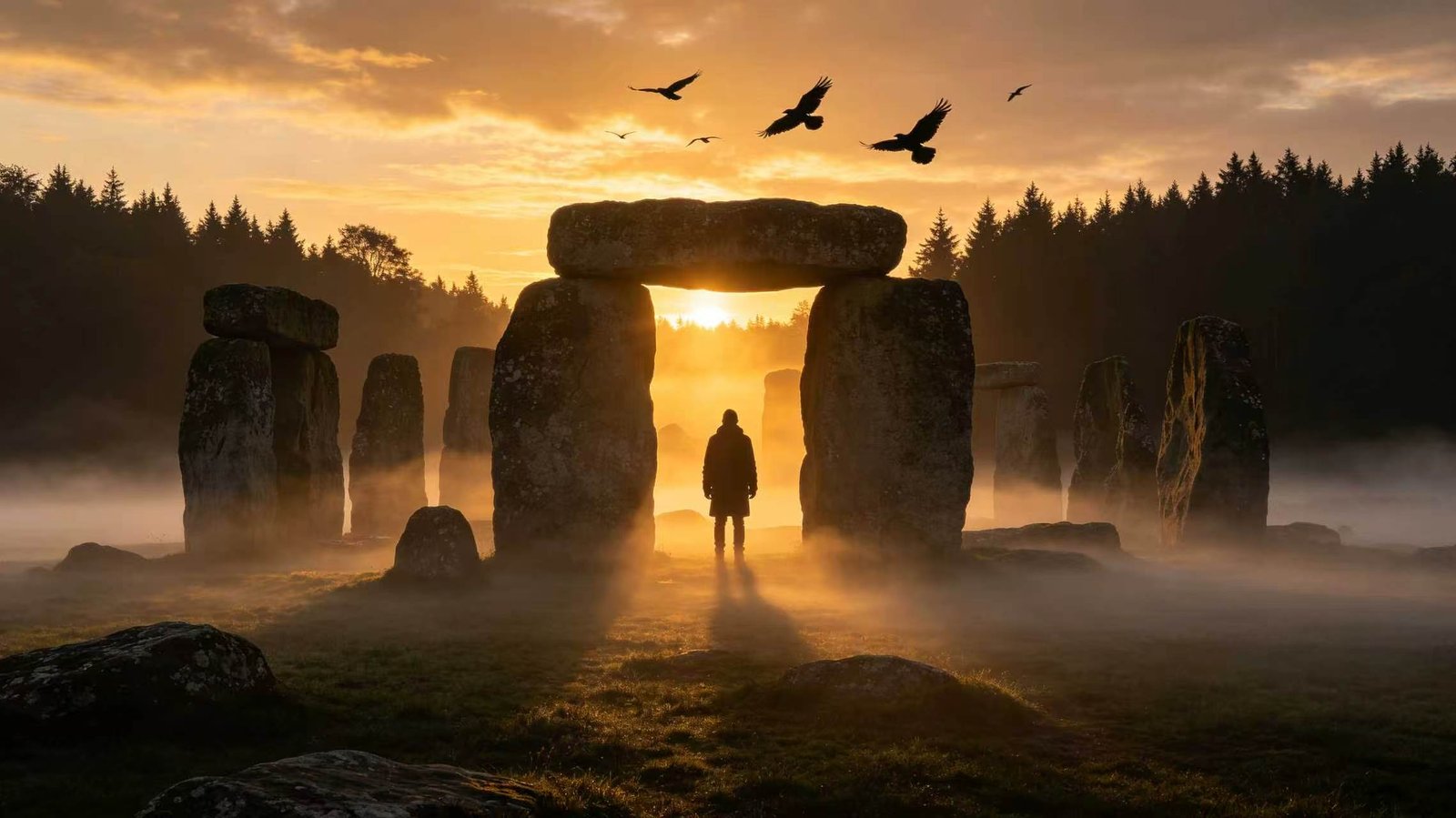 Witchcraft 101: Spiritual seeker at ancient stone circle threshold at dawn
