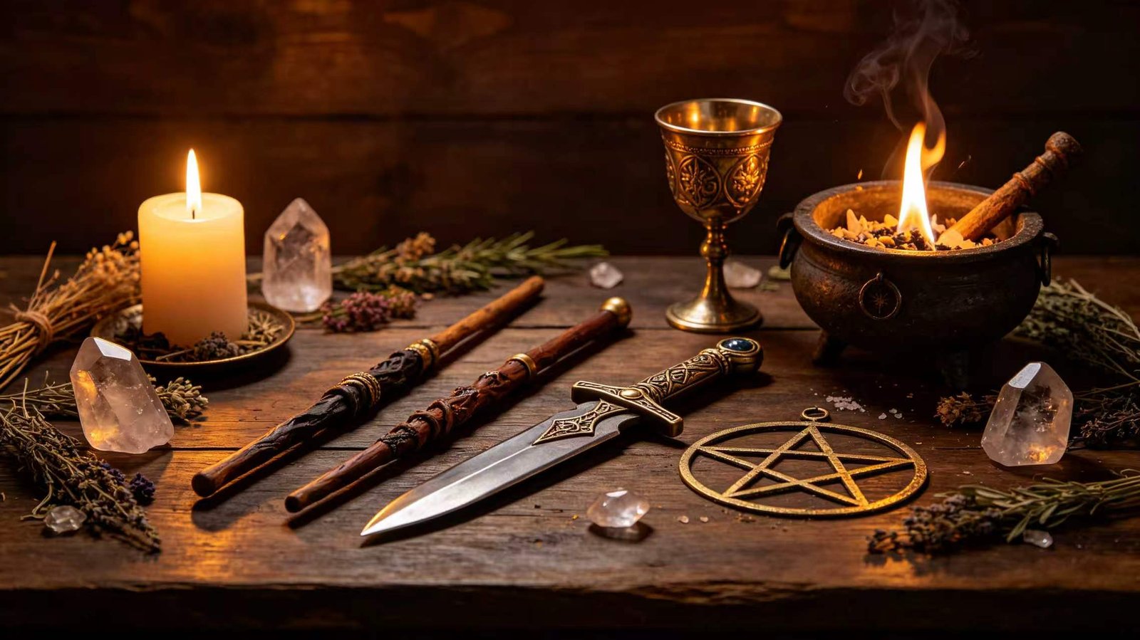 Witchcraft 101: Wiccan altar with athame, wand, chalice, pentacle, and cauldron