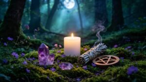 Mystical Wiccan altar in a moonlit forest clearing with glowing white candle, amethyst crystal, burning sage, wooden pentacle, wildflowers and moss, representing modern witchcraft, pagan spirituality, and Wiccan practice.
