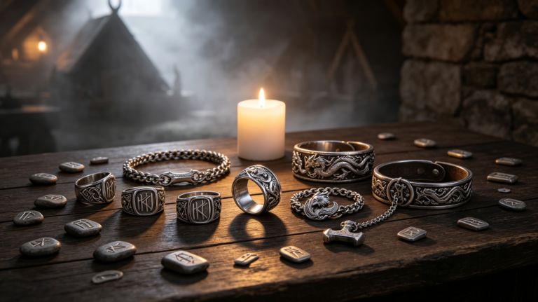 Stainless steel Viking jewelry collection displayed on a dark wooden table with runestones, including rune engraved rings, wolf and dragon motif bracelets, and a Thor's hammer arm ring, set in a mystical ancient Norse longhouse atmosphere with soft candlelight.