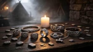 Stainless steel Viking jewelry collection displayed on a dark wooden table with runestones, including rune engraved rings, wolf and dragon motif bracelets, and a Thor's hammer arm ring, set in a mystical ancient Norse longhouse atmosphere with soft candlelight.