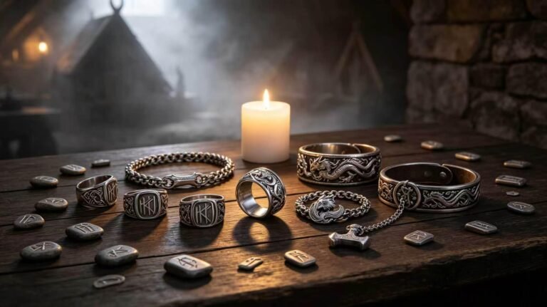 Stainless steel Viking jewelry collection displayed on a dark wooden table with runestones, including rune engraved rings, wolf and dragon motif bracelets, and a Thor's hammer arm ring, set in a mystical ancient Norse longhouse atmosphere with soft candlelight.