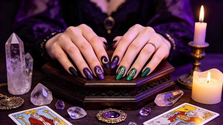 Stunning witchy nail art designs on elegant hands, featuring matte black nails with metallic crescent moons, deep purple nails with starry glitter, and emerald green nails with mystical symbols, surrounded by crystals, tarot cards, and a burning candle on a dark wooden altar.
