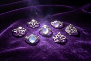 Wiccan rings collection with pentagram, moonstone, triquetra and Celtic knot designs on purple velvet