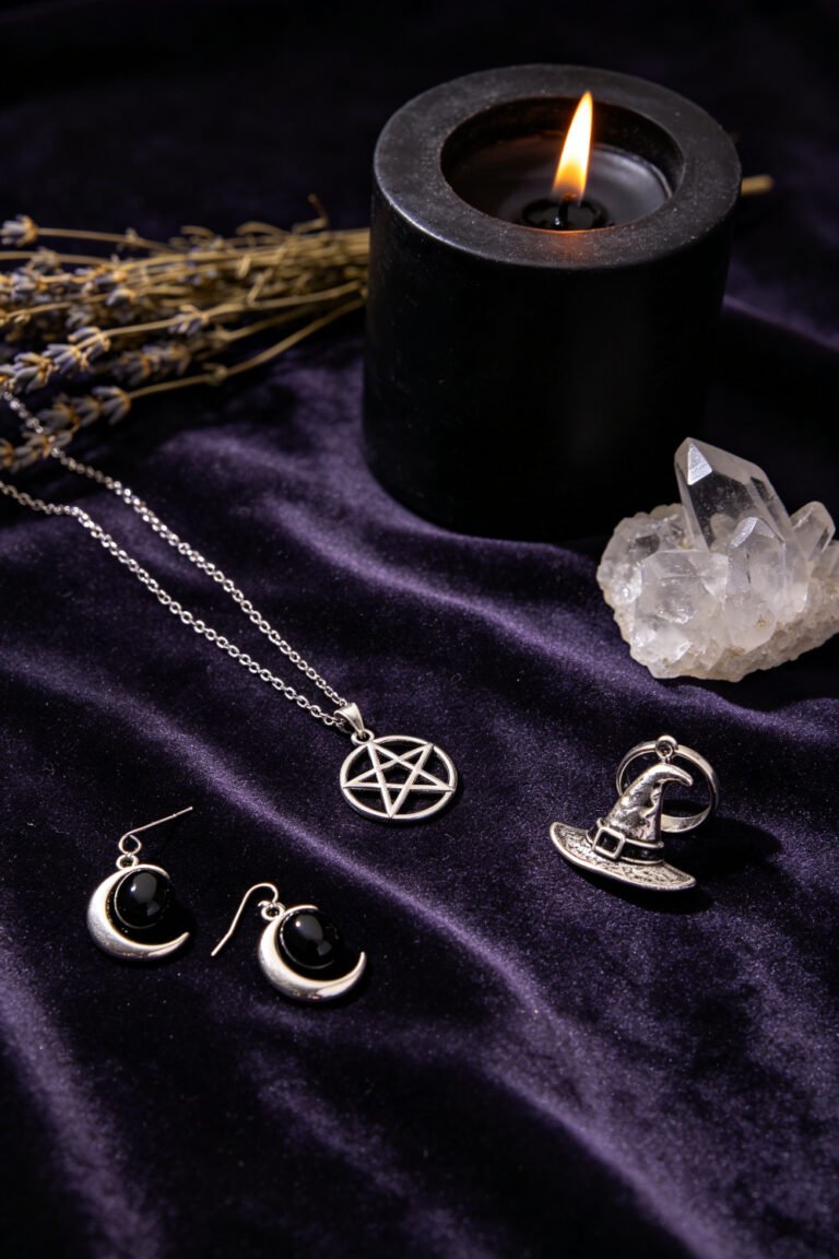 Witch jewelry collection with pentagram necklace, crescent moon earrings, black onyx ring and witch hat pendant on dark velvet